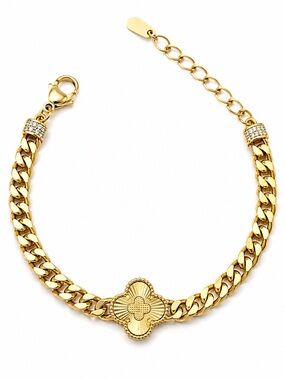 14K Gold Plated Clover Bracelet with Zirconia Adjustable Rhodium Plated
